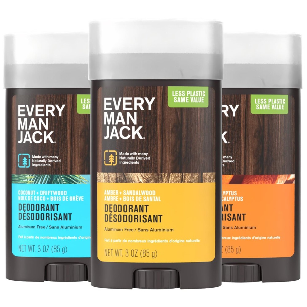 Every Man Jack Men\'s Deodorant Variety Set - Includes 3 Full-Sized Aluminum Free Natural Deodorant Sticks - Coconut + Driftwood, Citrus + Eucalyptus, Amber+ Sandalwood - 3oz (3 Pack)