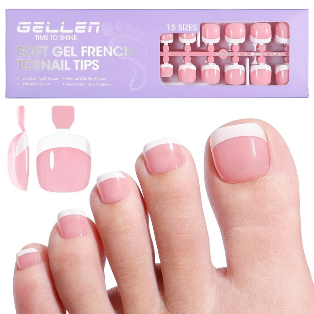 French Tip Toe Nail Tips Press on, Gellen Toe Nail Press ons Short Pink, Chip-free Soft Gel Toe Nail Tips Full Cover Pre-designed for Fast Pedicure, 15 Sizes 240pcs Fake Toenails
