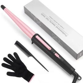 Hair Curling Wand, 0.5-1Inch Tapered Curling Iron, Professional Ceramic Hair Curler Wand with Heat-Resistant Glove, Dual Voltage (Pink)