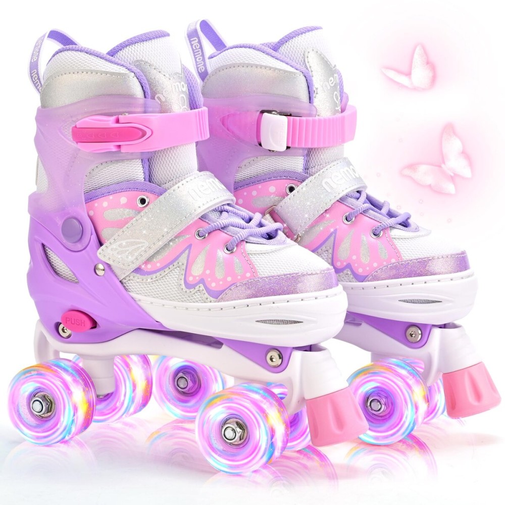 NEMONE 4 Size Adjustable Light up Roller Skates for Girls, Butterfly Roller Skates for Kids Ages 4-6 5-8 6-12 8-12, Todder Beginner Skates Indoor Outdoor Pink Purple S