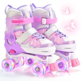 NEMONE 4 Size Adjustable Light up Roller Skates for Girls, Butterfly Roller Skates for Kids Ages 4-6 5-8 6-12 8-12, Todder Beginner Skates Indoor Outdoor Pink Purple S
