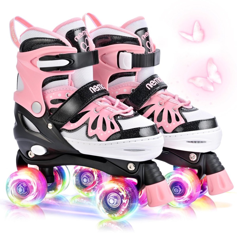 NEMONE 4 Size Adjustable Light up Roller Skates for Girls, Butterfly Roller Skates for Kids Ages 4-6 5-8 6-12 8-12, Todder Beginner Skates Indoor Outdoor Black Pink L