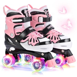 NEMONE 4 Size Adjustable Light up Roller Skates for Girls, Butterfly Roller Skates for Kids Ages 4-6 5-8 6-12 8-12, Todder Beginner Skates Indoor Outdoor Black Pink S