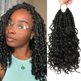 Eerya 8 Packs Boho Box Braids Crochet Hair for Black Women 8 Inch Pre-looped Bohemian Goddess Box Braids With Curly Ends Synthetic Crochet Hair Extensions (8 inch, 1B)