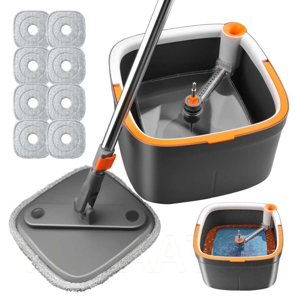KZKR Spin Mop and Bucket Set with 8 Replaceable Microfiber Mop Pads with Self Separation Dirty and Clean Water System, Self Wringing 360 Rotating Square Mop Head for Hardwood Tile Marble Floors