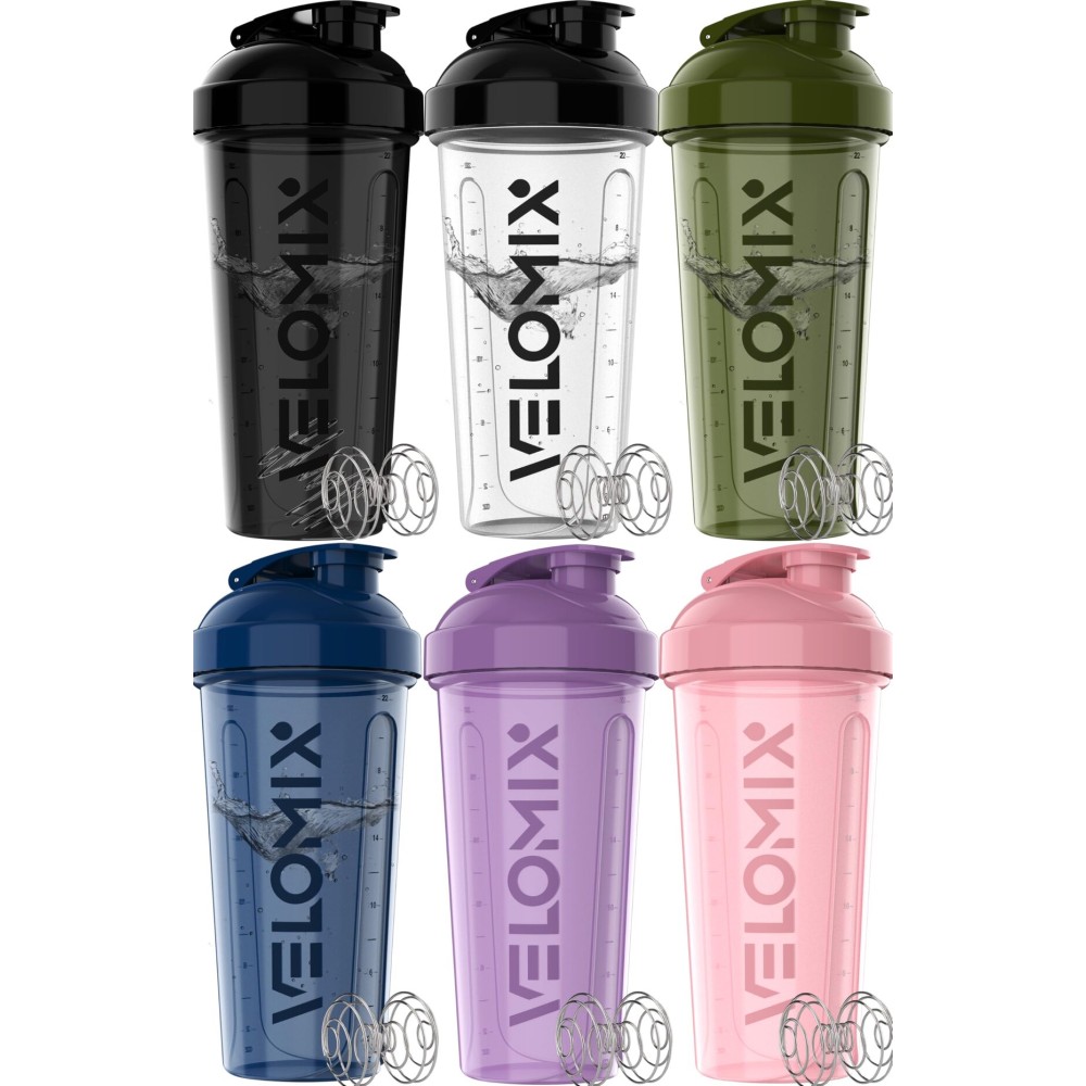 VELOMIX -6 PACK- 28 oz Protein Shaker Bottle for Protein Mixes - 6x Wire Whisk | Leak Proof Shaker Cups for Protein Shakes | Protein Shaker Bottle Pack | Protein Shake Cup (Dynamic Fuel Series)
