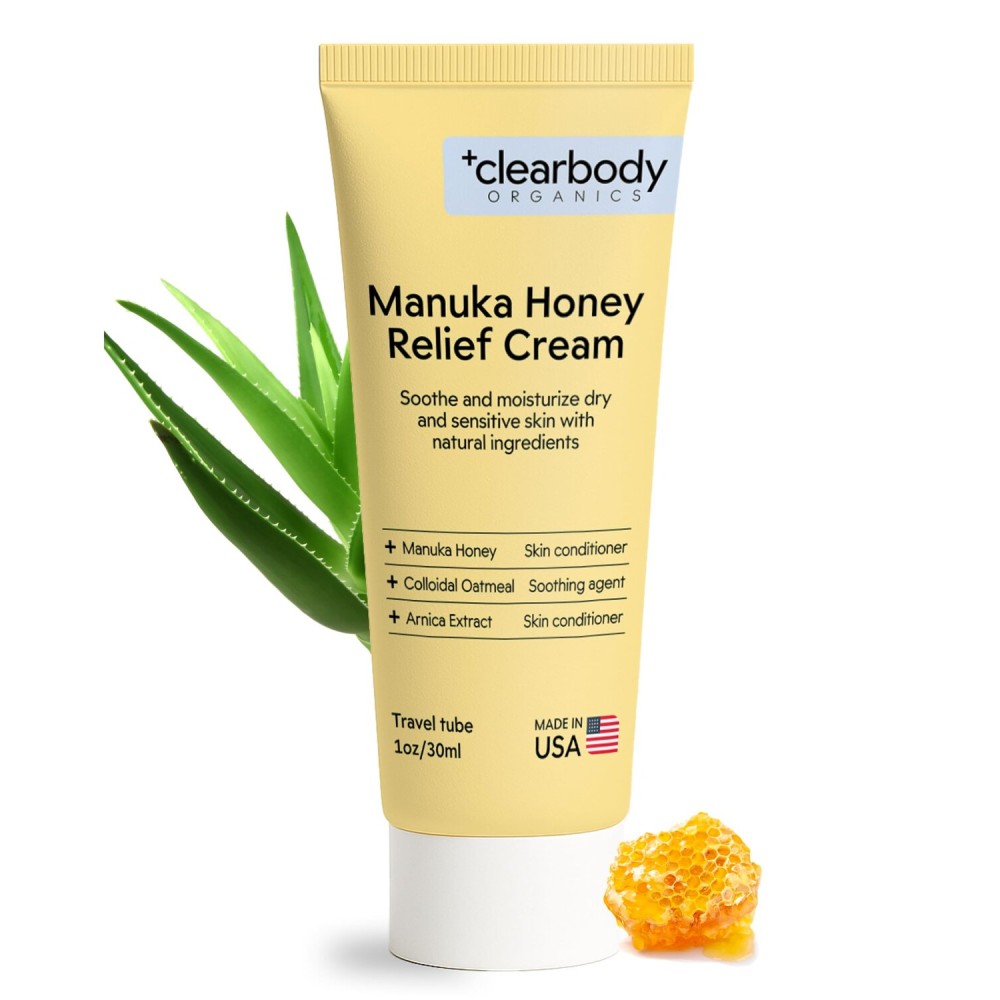 Clearbody Organics Manuka Honey Cream for Eczema & Dry Skin - Manuka Honey Ointment - Colloidal Oatmeal, Aloe & Natural Ingredients - Fast Relief Lotion for Reactive Skin - No Greasy Residue - 1 oz