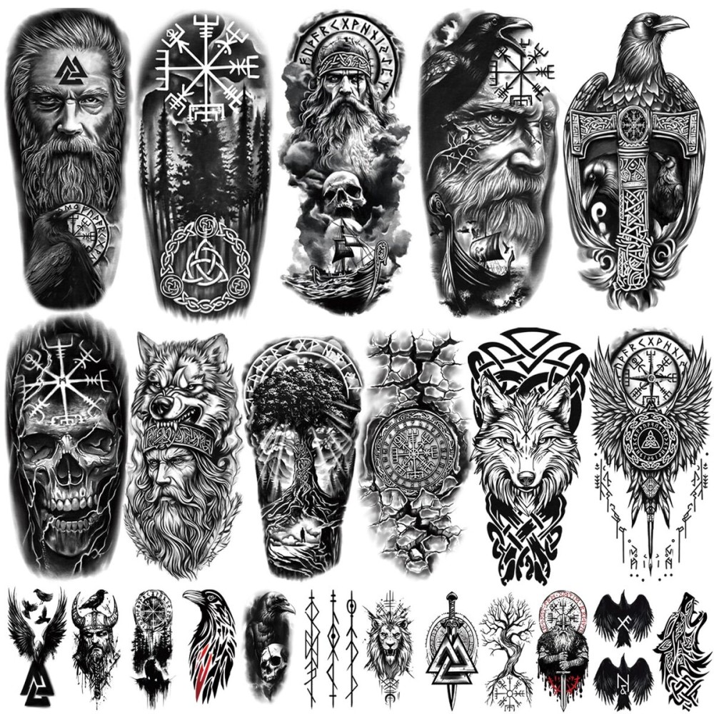 77 sheets Viking Temporary Tattoos Adult, Nordic Celtic Tattoos, Totem Tribal Fake Tattoo Stickers for Viking Costume, Nordic Norse Yggdrasil Valknut Fake Arm Tattoos for Women Men Kids