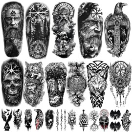 77 sheets Viking Temporary Tattoos Adult, Nordic Celtic Tattoos, Totem Tribal Fake Tattoo Stickers for Viking Costume, Nordic Norse Yggdrasil Valknut Fake Arm Tattoos for Women Men Kids