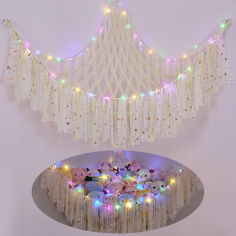 FIOBEE Stuffed Animals Net or Hammock with LED Light, Toy Hammock Hanging Stuffed Animals Storage Organizer Holder Room Dcor for Nursery Kids Bedroom