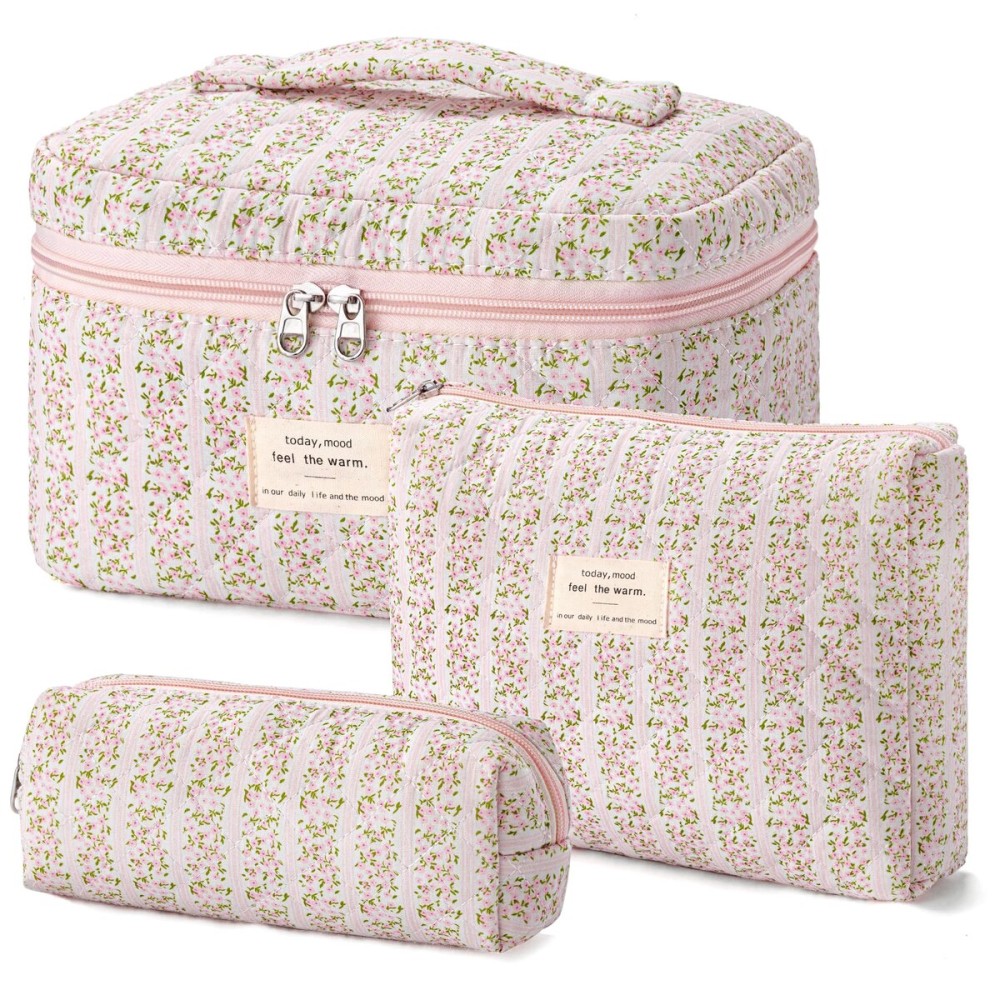 HBselect Quilted Makeup Bag, 3PCS Cotton Large Travel Makeup Bag, Cute Floral Coquette Make up Bag Cosmetic Bag Toiletry Bag for Women Girls