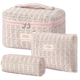 HBselect Quilted Makeup Bag, 3PCS Cotton Large Travel Makeup Bag, Cute Floral Coquette Make up Bag Cosmetic Bag Toiletry Bag for Women Girls