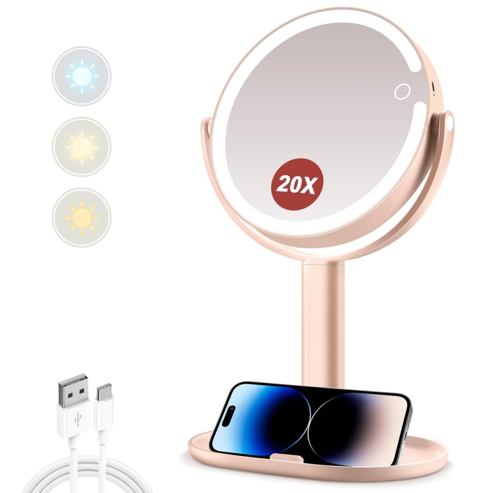 MIYADIVA Makeup Mirror with Lights,20X Magnifying Mirror with Light and Touch Switch,Vanity Mirror with 3 Color Light and 80 LEDs,2-Sided Lighted Magnified Mirrors 8.8 Inches, Pink