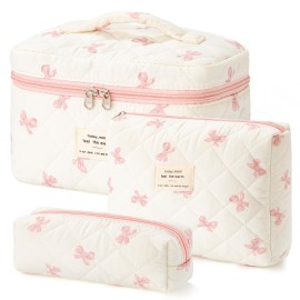 HBselect Quilted Makeup Bag, 3PCS Cotton Large Travel Makeup Bag, Cute Floral Coquette Make up Bag Cosmetic Bag Toiletry Bag for Women Girls