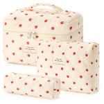 HBselect Quilted Makeup Bag, 3PCS Cotton Large Travel Makeup Bag, Cute Floral Coquette Make up Bag Cosmetic Bag Toiletry Bag for Women Girls