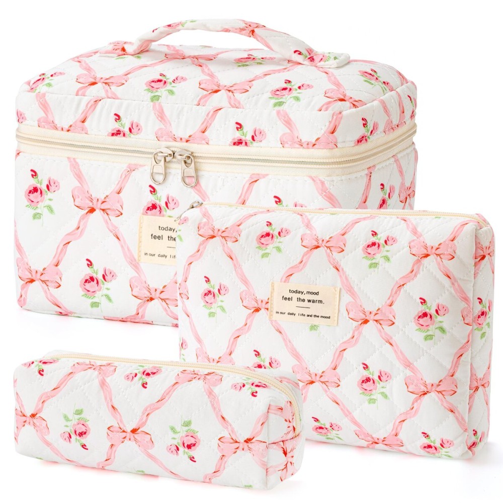 HBselect Quilted Makeup Bag, 3PCS Cotton Large Travel Makeup Bag, Cute Floral Coquette Make up Bag Cosmetic Bag Toiletry Bag for Women Girls