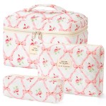 HBselect Quilted Makeup Bag, 3PCS Cotton Large Travel Makeup Bag, Cute Floral Coquette Make up Bag Cosmetic Bag Toiletry Bag for Women Girls
