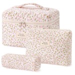HBselect Quilted Makeup Bag, 3PCS Cotton Large Travel Makeup Bag, Cute Floral Coquette Make up Bag Cosmetic Bag Toiletry Bag for Women Girls