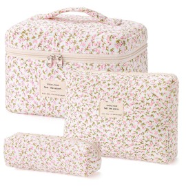 HBselect Quilted Makeup Bag, 3PCS Cotton Large Travel Makeup Bag, Cute Floral Coquette Make up Bag Cosmetic Bag Toiletry Bag for Women Girls