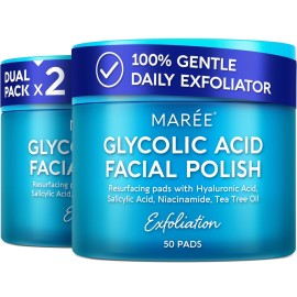 MAREE Glycolic Acid Polishes 2 PACK - Toner Polishes for Face Cleansing - Tea Tree Oil, Salicylic Acid & Vitamins E, B3, B5 - Facial Peel & Radiance Deep Cleaning Effect