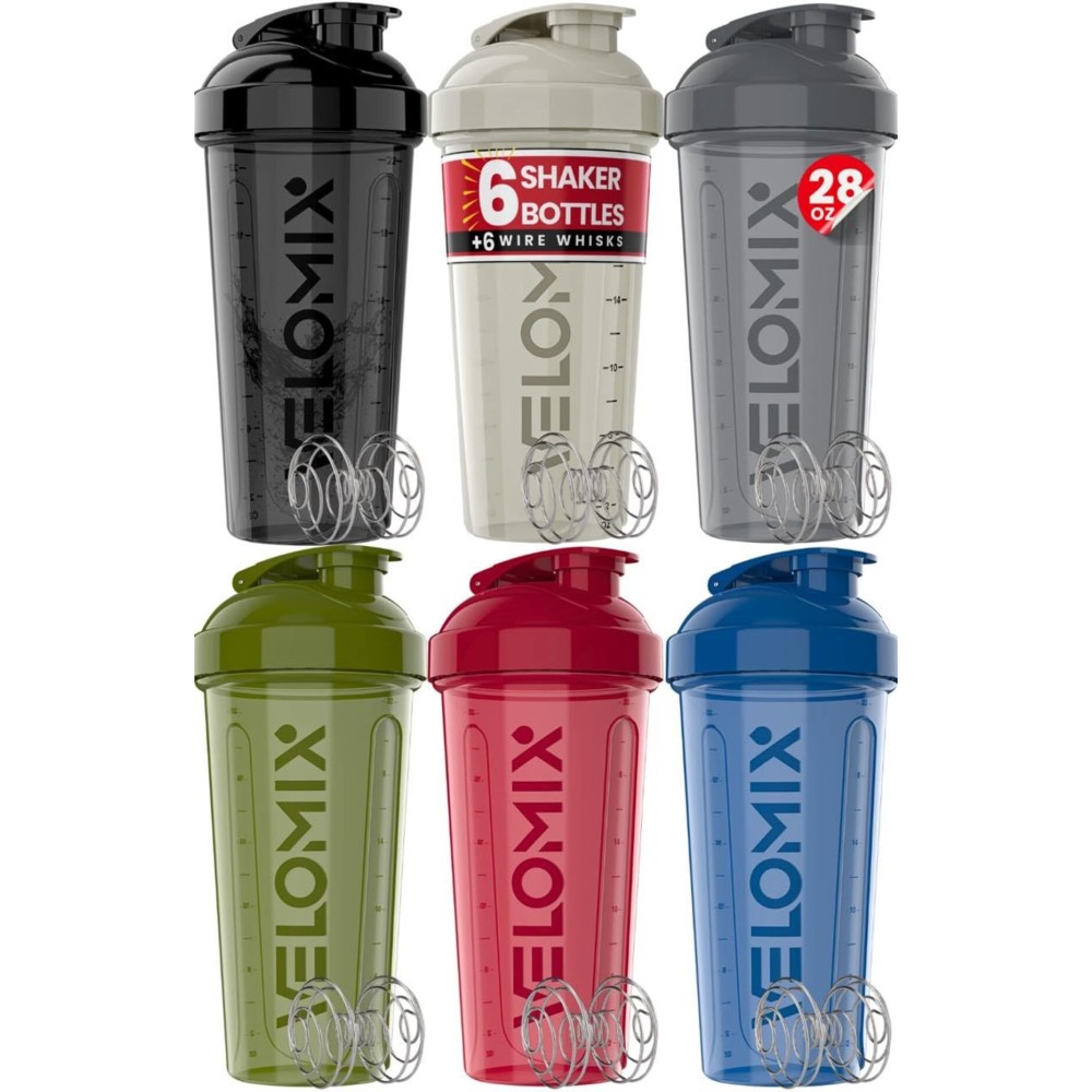 VELOMIX -6 PACK- Shaker Cups for Protein Shakes 28 oz - 6x Wire Whisk | Leak Proof Protein Shaker Bottle for Protein Shakes, Shaker Bottle Pack for Pre & Post Workout (Stealth Edition)