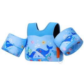 MoKo Toddler Swim Vest - Cute Toddler Floaties with Emergency Whistle for Kids 22-66 lbs Water Wings Arm Band Floaties Swim Training Equipment for Beach Swimming Pool Sea, Blue Squirting Whale