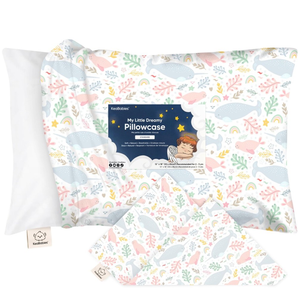 KeaBabies Toddler Pillowcase 13x18 - Organic Cotton Toddler Pillowcase for Kids, Boys, Girls, Soft & Durable Cotton Cover for Miniature Sleepy Pillows, Cute Colors, Pillow Sold Separately (Narwhal)