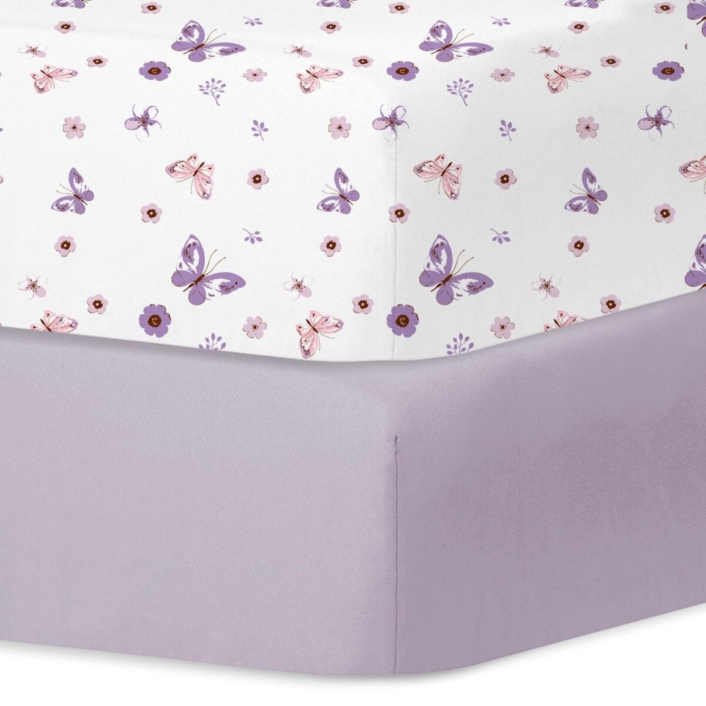 Little Grape Land Pack and Play Sheets Mini Crib Sheets Soft Breathable Pack N Play Sheets, Playard Fitted Sheet 2 Pack Stretchy Fits 38x26 Playard Mattress, Purple Butterfly