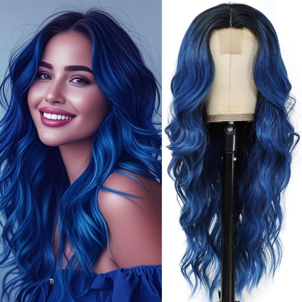 Long Blue Wavy Wigs for Women Ombre Curly Natural Middle Part Synthetic Curly Heat Resistant Fiber Hair Replacement Wigs for Daily Party