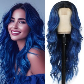 Long Blue Wavy Wigs for Women Ombre Curly Natural Middle Part Synthetic Curly Heat Resistant Fiber Hair Replacement Wigs for Daily Party