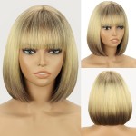 WERD Short Blonde Bob Wig for Women Light Brown Bob Wigs with Bangs mixed Blonde Highlights Wigs for Daily Use Cosplay