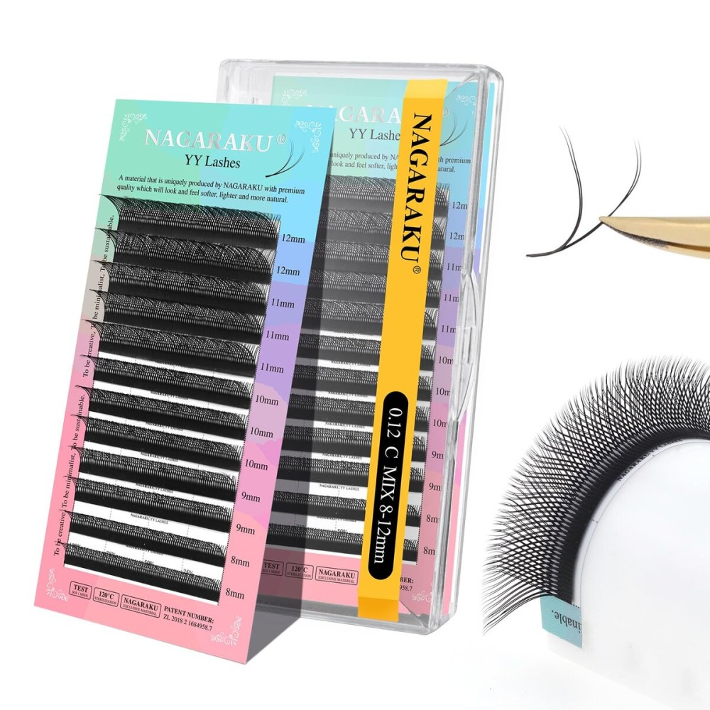 NAGARAKU YY Eyelash Extensions Supplies Y Lash 4D Easy Fan Russian Volume Crisscross YY Eyelashes Handwoven Y Shaped Mesh Wispy Clusters 12 Rows Pre Fanned Eye Lashes Black - 0.12C (8-12mm) Mix
