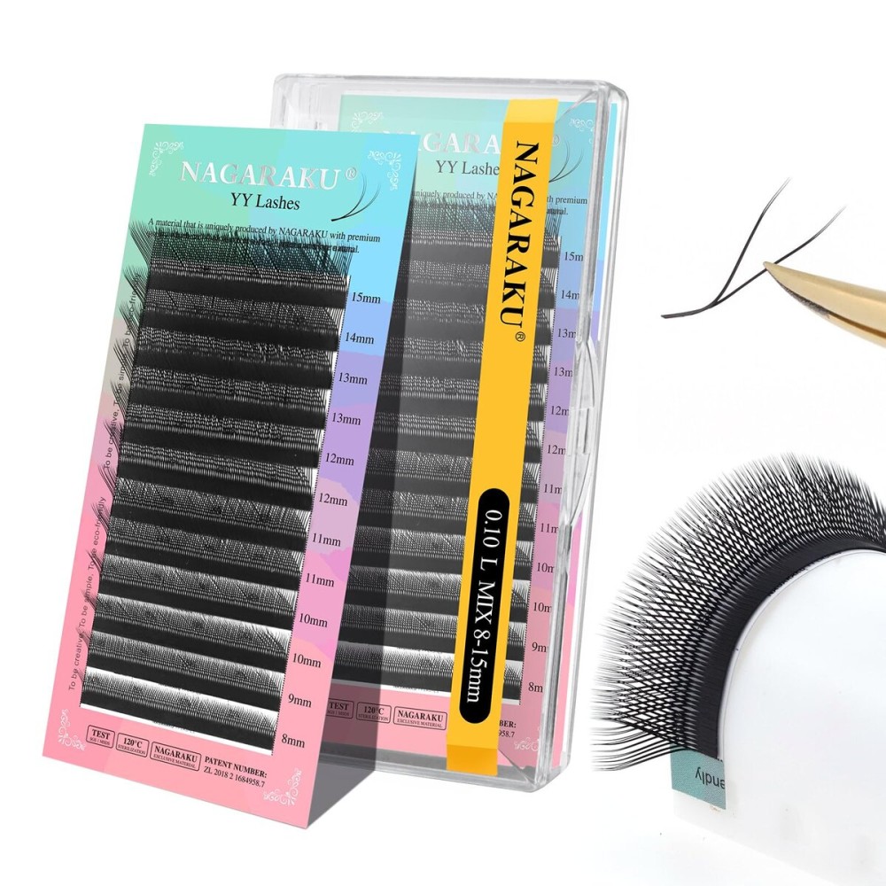NAGARAKU YY Eyelash Extensions Supplies Y Lash 4D Easy Fan Russian Volume Crisscross YY Eyelashes Handwoven Y Shaped Mesh Wispy Clusters 12 Rows Pre Fanned Eye Lashes Black - 0.10L (8-15mm) Mix