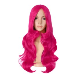 MapofBeauty 24 Inch/60 cm Charming Synthetic Long Wavy Side Bangs Women Party Anime Cosplay Wig (Hot Pink)