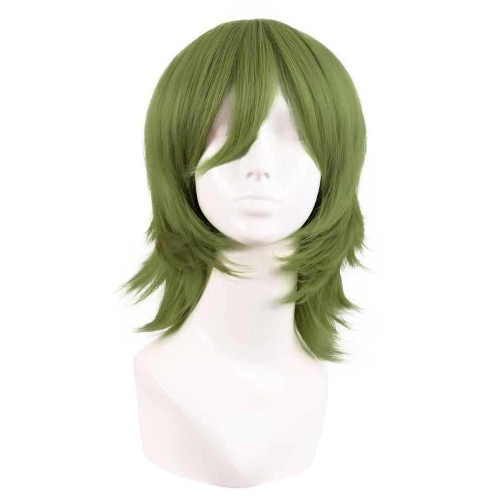 MapofBeauty 14 Inch/35 cm Short Cosplay Wolf Tail Synthetic Side Bangs Party Wig (Olive Green)