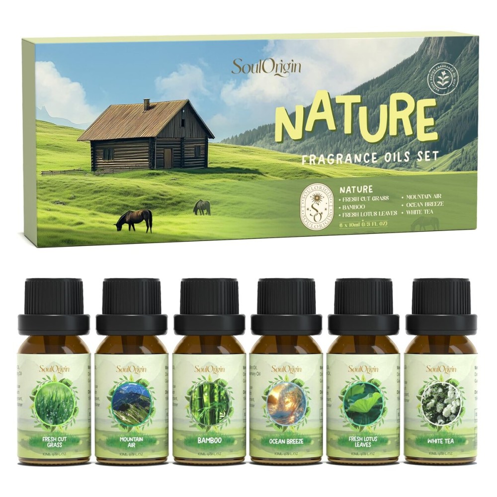 Soulorigin Nature Fragrance Oils Set, Essential Oil Gift Set for Diffuser, Natural Scent Diffuser Oil for Candle Making-Fresh Cut Grass, Mountain Air, Bamboo, Ocean Breeze, Fresh Lotus Leaf, White Tea