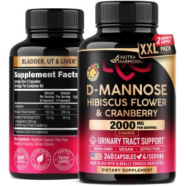 D-Mannose 2000mg with Cranberry & Hibiscus - Clinically Tested Strength for Urinary Tract Health - Supplement for Women - Bladder, Liver & Microflora Support - Made in USA - Vegan, 240 Capsules