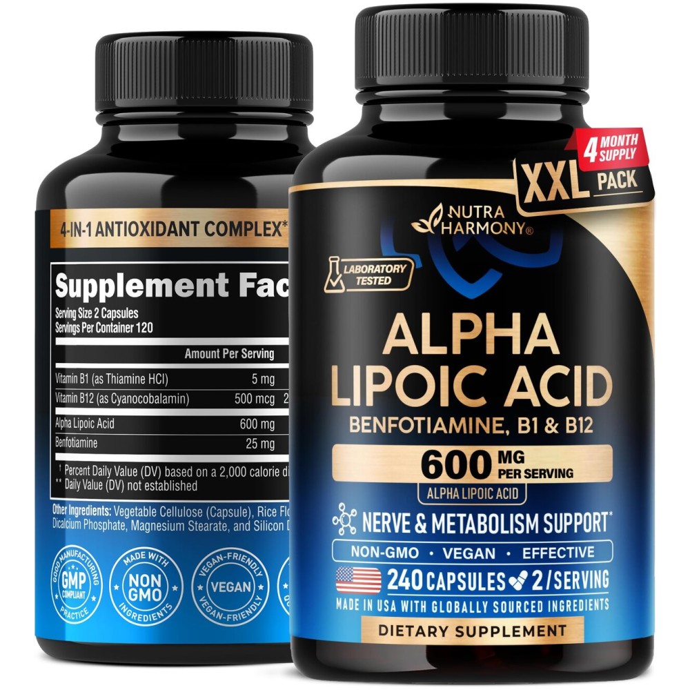 Alpha Lipoic Acid 600mg - ALA Supplement Antioxidant for Nerve, Energy & Metabolism Support - Extra Strength with Benfotiamine, B1 & B12 - Lab Tested, NON-GMO & Vegan - 240 Capsules, 4 Month Supply
