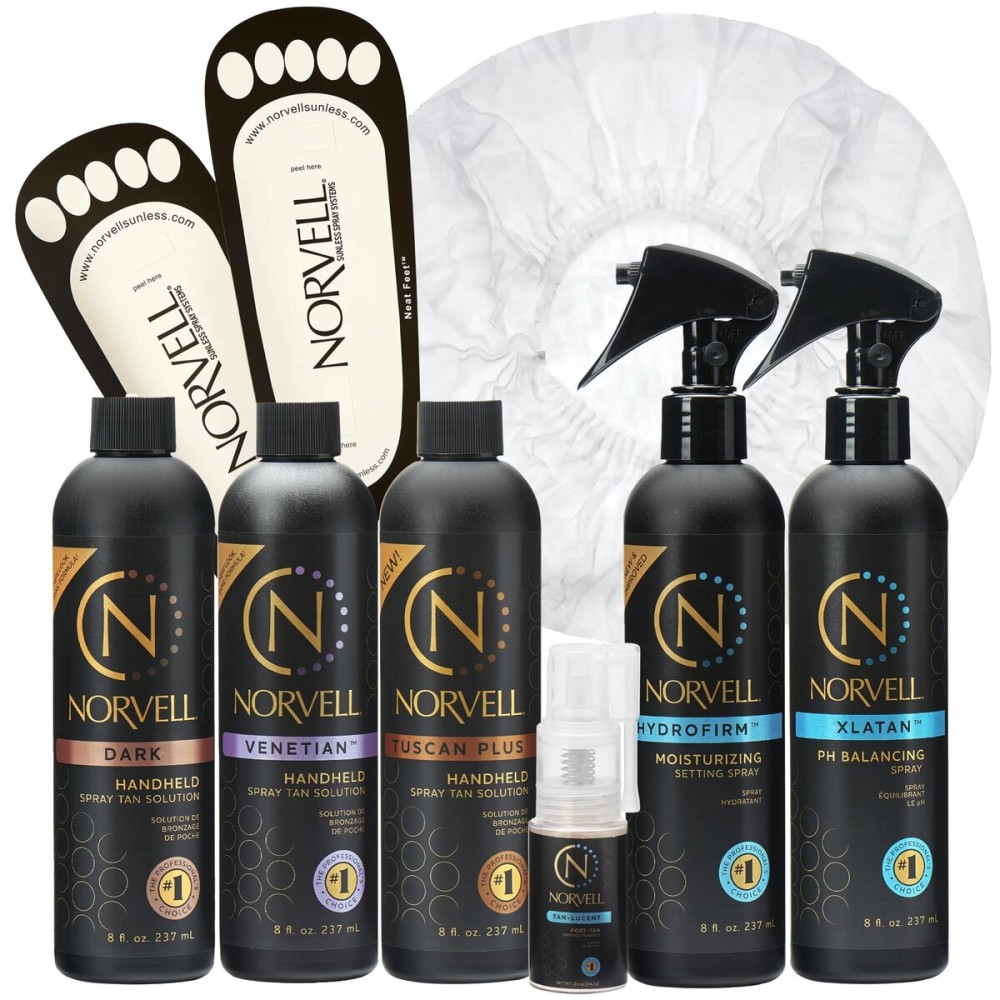 Norvell Spray Tan Starter Pack - Complete Sunless Tanning Kit with Professional Tanning Solutions, Pre and Post-Tan Care, Neat Feet, Hair Caps and Drying Powder