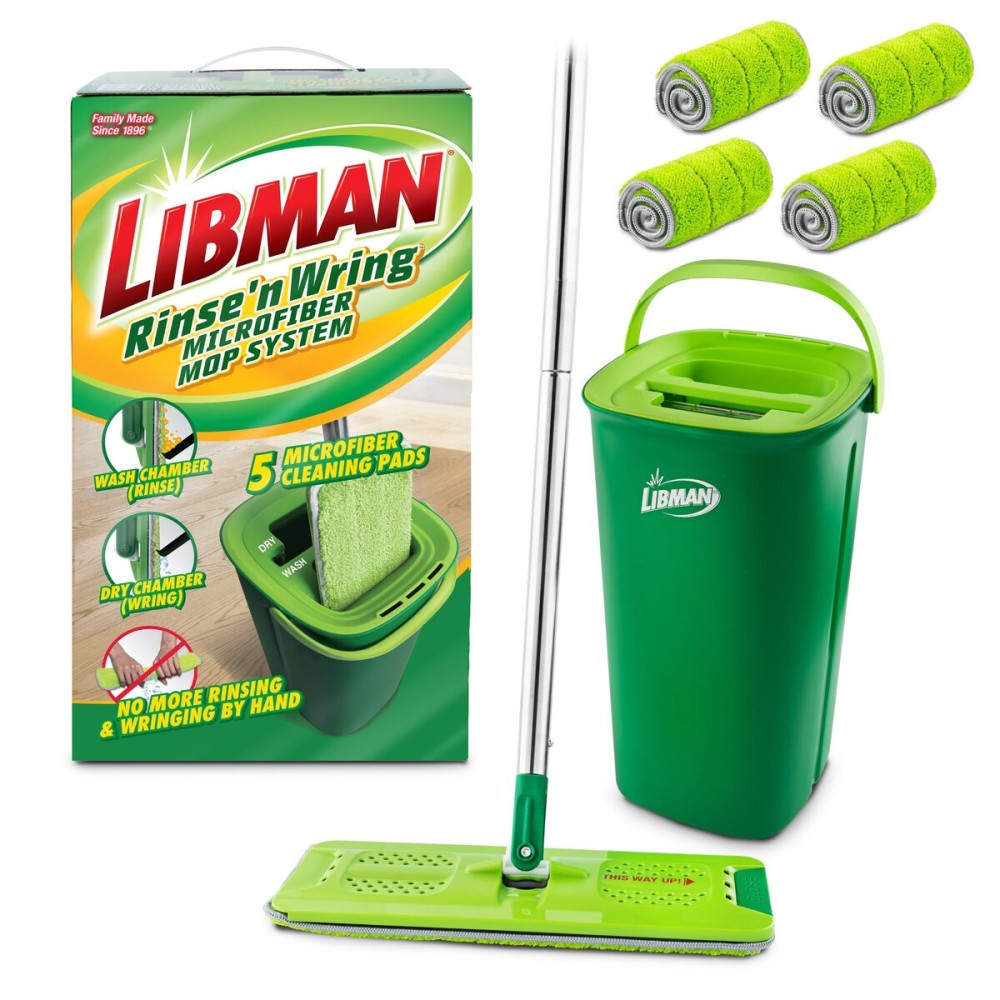 Libman Rinse \'n Wring Mop and Bucket System | Microfiber Floor Mop | Hardwood Floor Cleaner | Wet & Dry Mop | Clean & Dirty Water Chambers | Power Blades | 5 Total Microfiber Pads