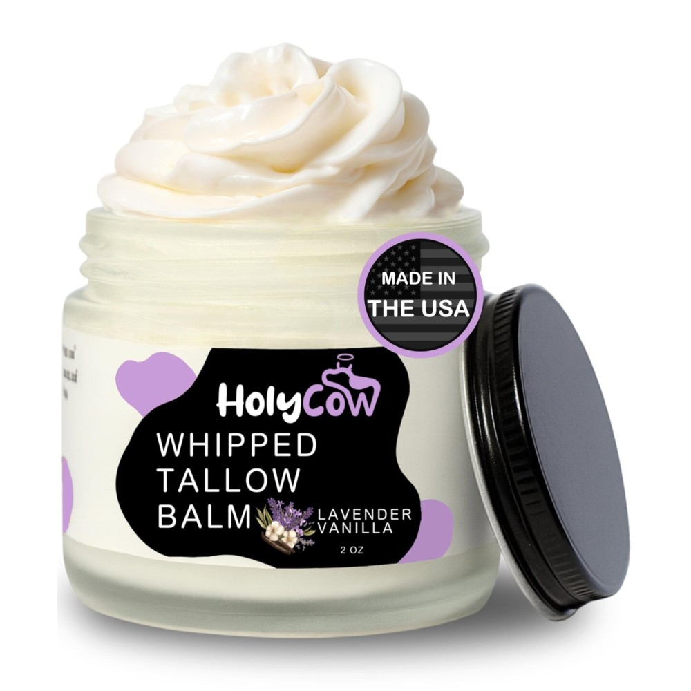 HolyCow Beef Tallow For Skin - Whipped Tallow Balm with Organic Jojoba Oil, Grass Fed Beef Tallow Face Moisturizer for Eczema, Baby, Lip Balm - Lotion For Extremely Dry Skin (Lavender Vanilla)