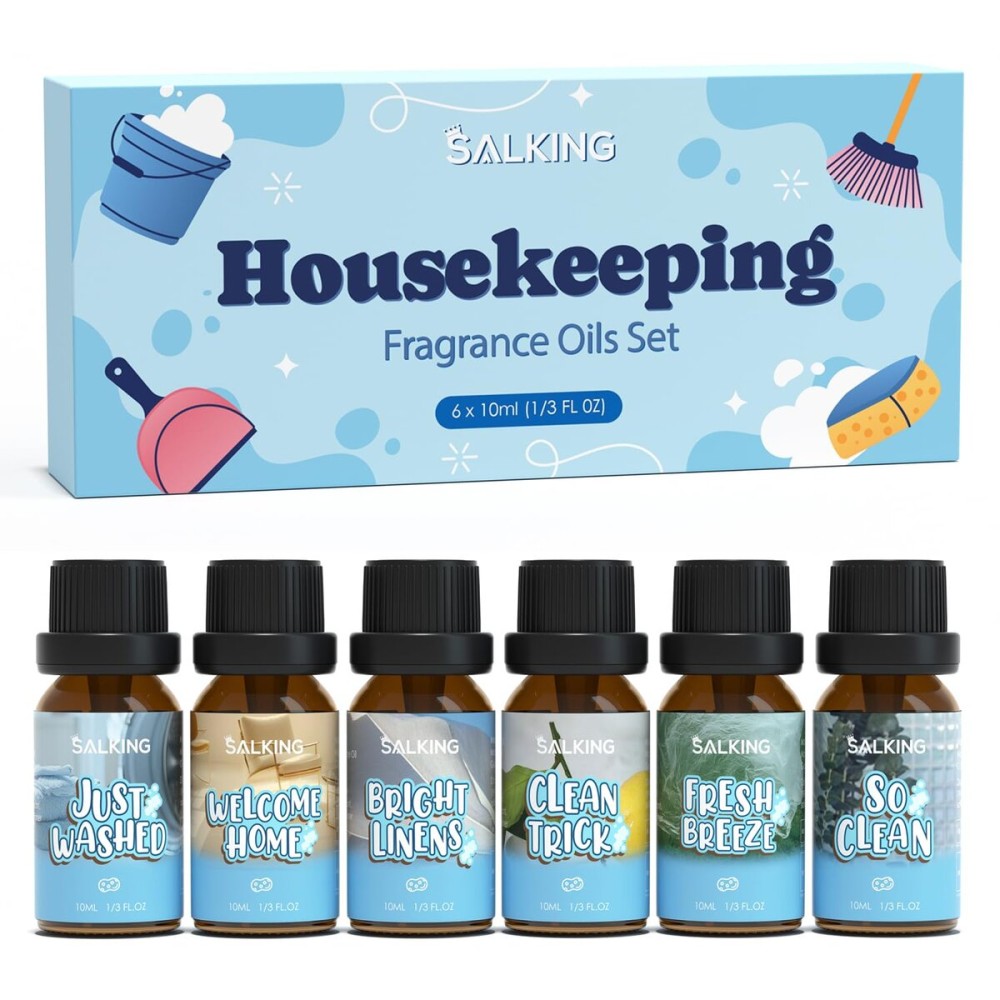 SALKING Housekeeping Fragrance Oils, Premium Essential Oil for Diffuser, Scented Oil Gift Set for Soap Candle Making - Just Washed, Welcome Home, Bright linens, Clean Trick, Clean Breeze, So Clean