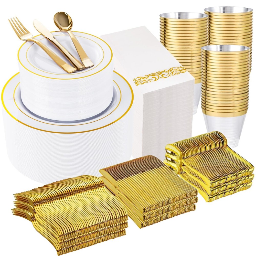 WELLIFE 700 Pieces Gold Plastic Dinnerware Set for 100 Guests - Includes Plates, Cups, Napkins, and Disposable Cutlery - Elegant White & Gold Design, Perfect for Parties and Events