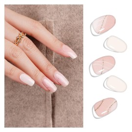 DANNI & TONI Semi Cured Gel Nail Strips Minimalist (Cherished Elegance) Nude and White Gel Nail Stickers Line Gift for Woman 28 Stickers