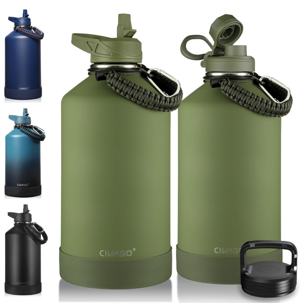 CIVAGO Gallon Insulated Water Bottle Jug with Straw, 128 oz Large Stainless Steel Water Flask, Big Metal Thermal Mug with 3 Lids for Sports, Travel, Gym, and Camping, Army Green