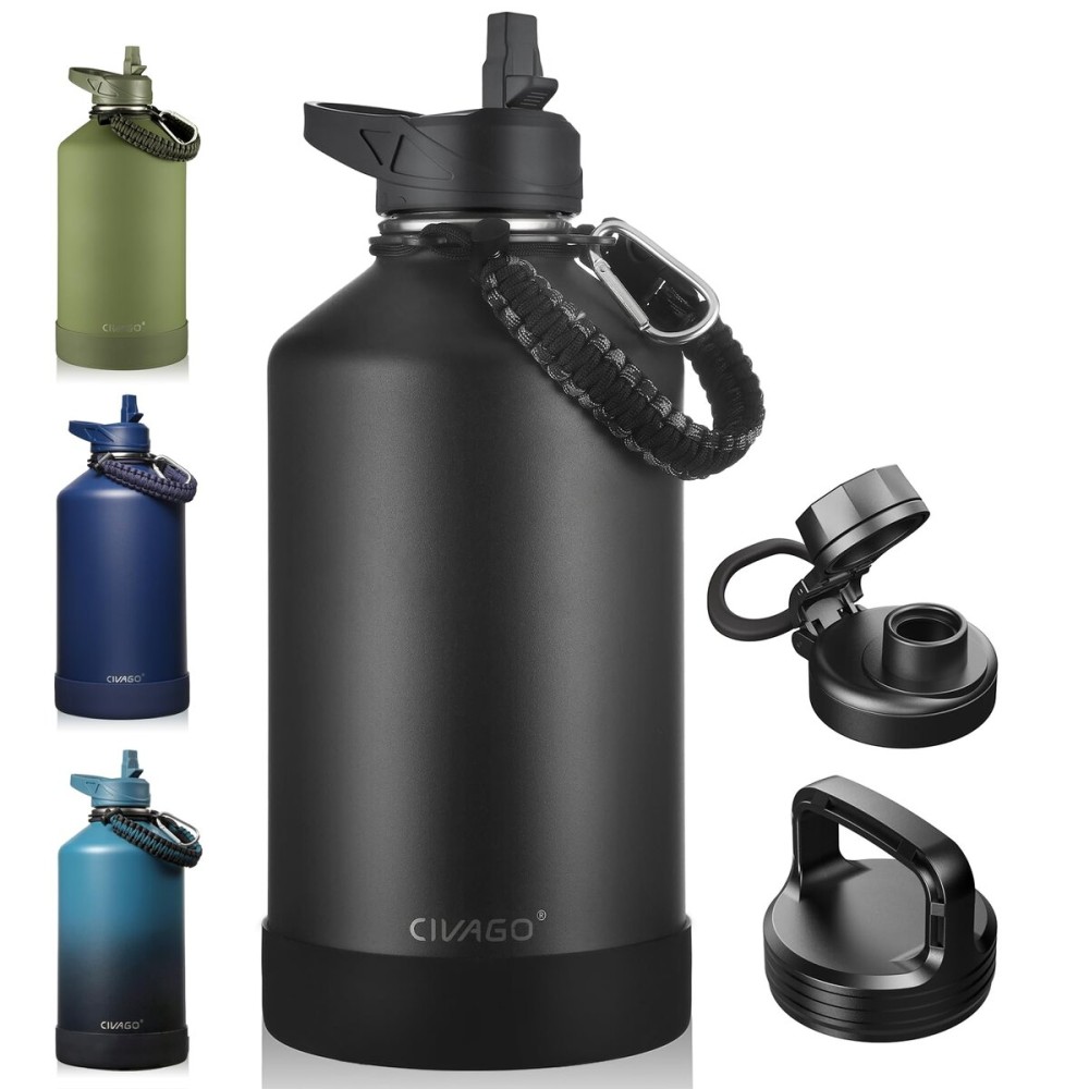 CIVAGO Gallon Insulated Water Bottle Jug with Straw, 128 oz Large Stainless Steel Water Flask, Big Metal Thermal Mug with 3 Lids for Sports, Travel, Gym, and Camping, Black