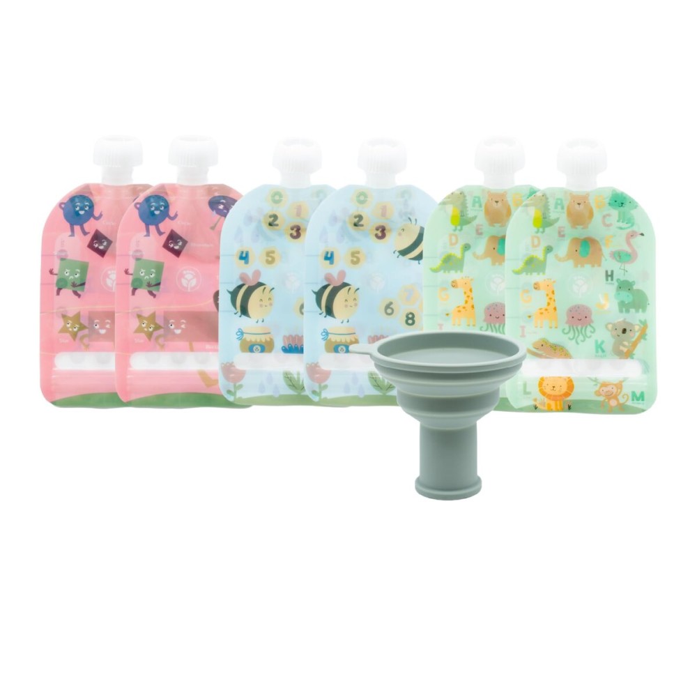 WeeSprout Double Zipper Reusable Food Pouches, Perfect for Babies & Toddlers, Freezer & Dishwasher Safe (Educational, 3.4 Fl Oz (Pack of 6) + Pouch Filler)