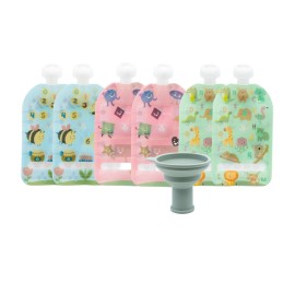 WeeSprout Double Zipper Reusable Food Pouches, Perfect for Babies & Toddlers, Freezer & Dishwasher Safe (Educational, 5 Fl Oz (Pack of 6) + Pouch Filler)