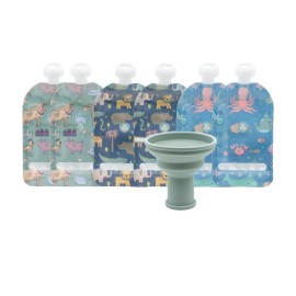 WeeSprout Double Zipper Reusable Food Pouches, Perfect for Babies & Toddlers, Freezer & Dishwasher Safe (Animals, 5 Fl Oz (Pack of 6) + Pouch Filler)