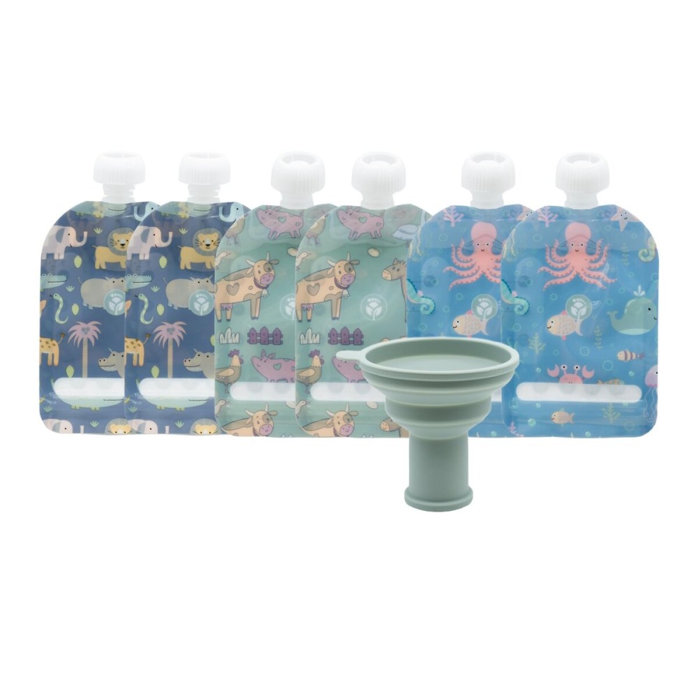 WeeSprout Double Zipper Reusable Food Pouches, Perfect for Babies & Toddlers, Freezer & Dishwasher Safe (Animals, 3.4 Fl Oz (Pack of 6) + Pouch Filler)